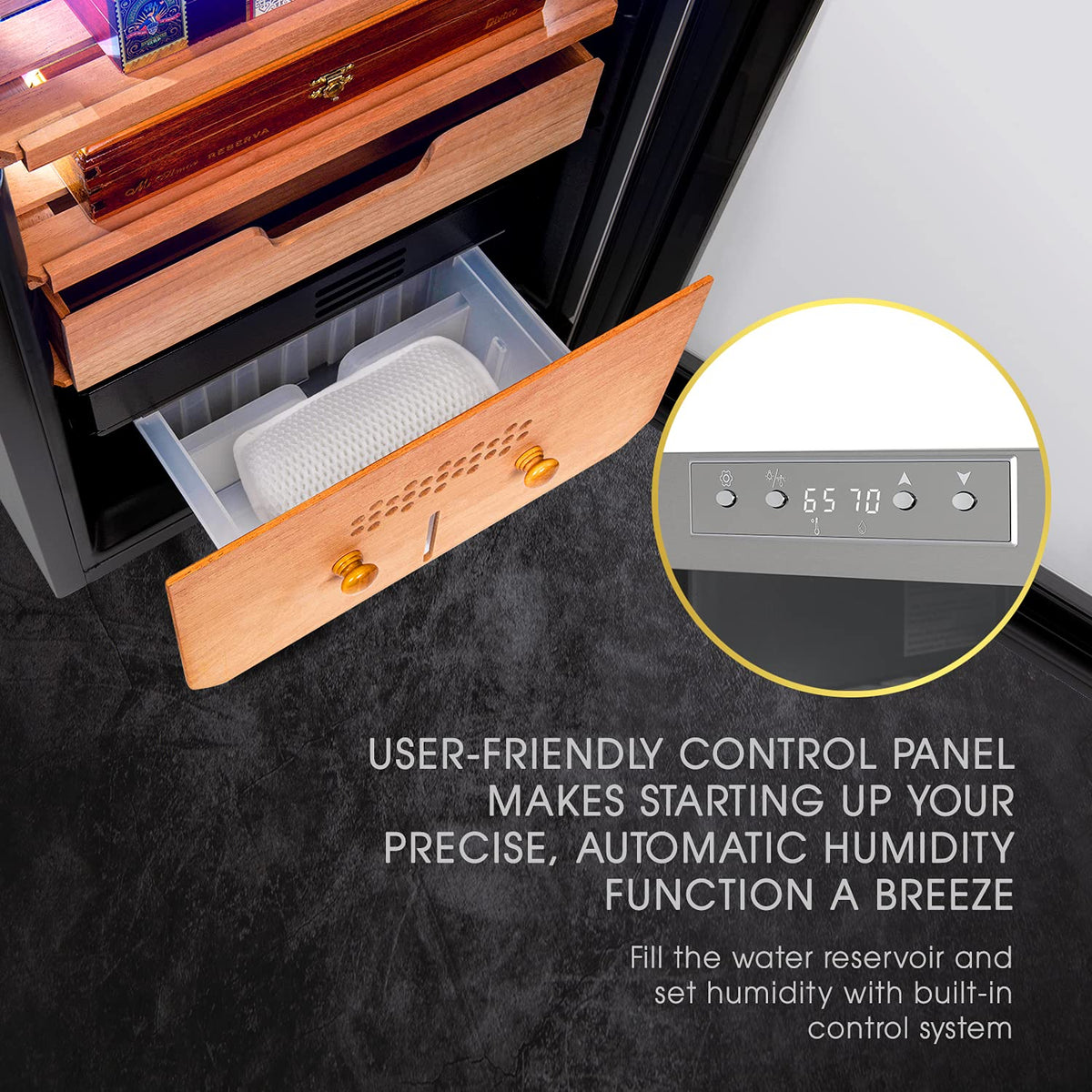 SCHMÉCKÉ 300 Cigar Cooler Humidor with 3 in 1 Precise Cooling, Heating & Humidity Control, Stainless Steel Trim Finish Cabinet, Spanish Cedar Wood Shelves and Drawer with Built in Digital Hygrometer