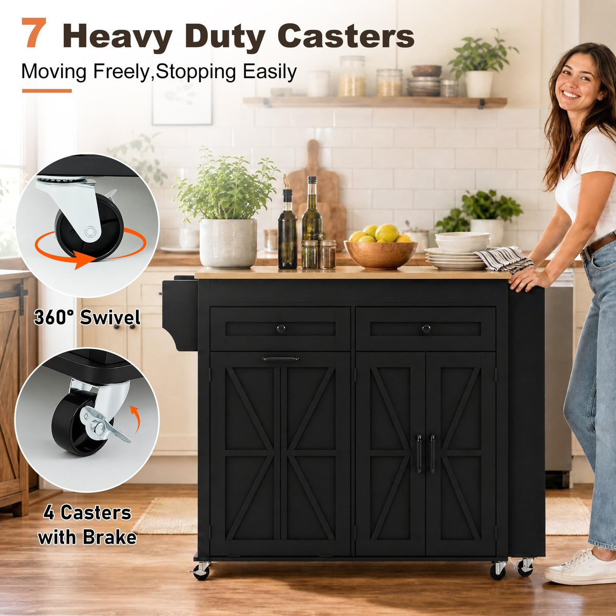 81.6"-51" Extendable Rolling Kitchen Island with Extended Dining Table & Power Outlet, Mobile Kitchen Storage Islands with Trash Cabinet, Large Islands Cart with Storage and 2 Seatings, Black