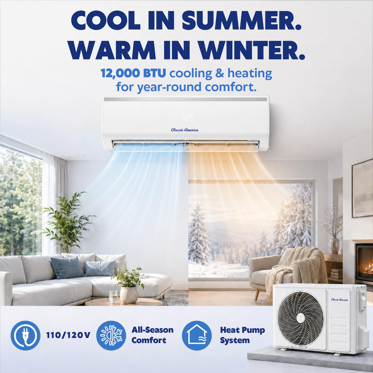Classic America 12000 BTU Mini Split Heat Pump & AC 19 SEER2 115V 16ft Kit
