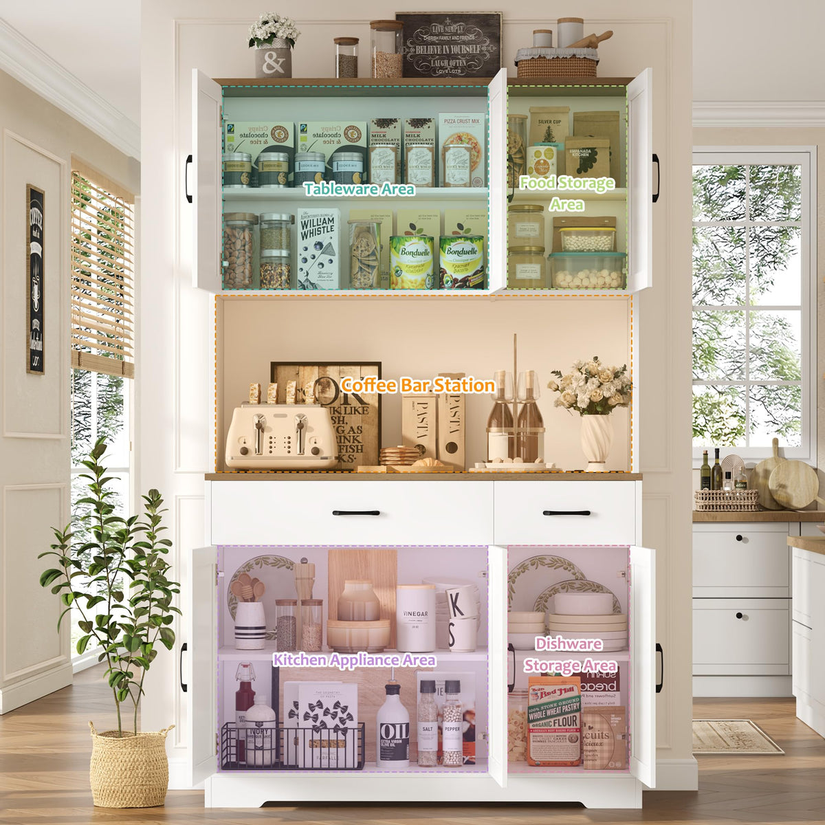 HOSTACK 71"H Kitchen Pantry Storage Cabinet, Farmhouse Hutch Cabinet, White