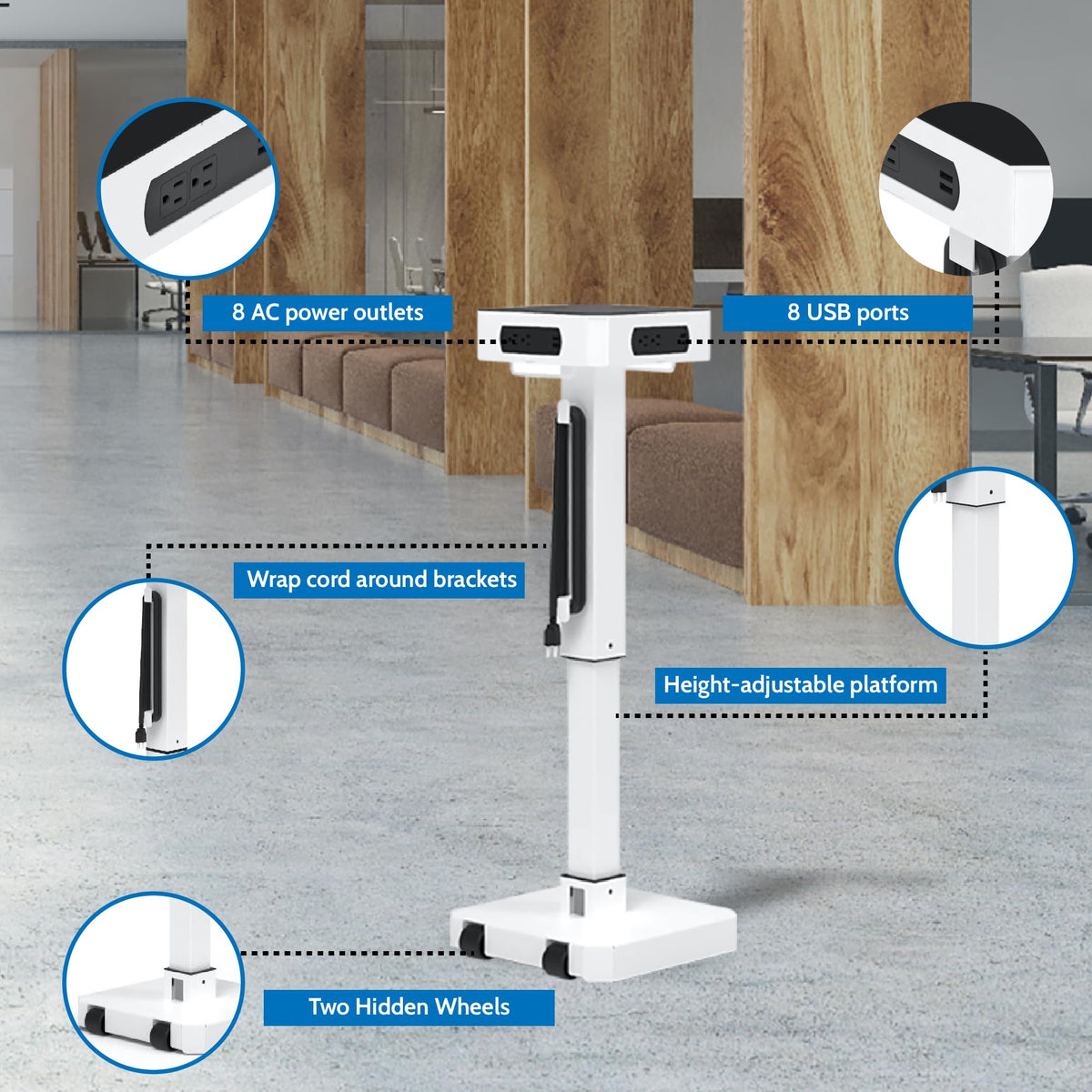 Luxor LuxPower Mobile AC and USB Charging Tower with 8 USB Charging Ports, 8 AC Outlets - White, 14" W x 14" D x 40" H
