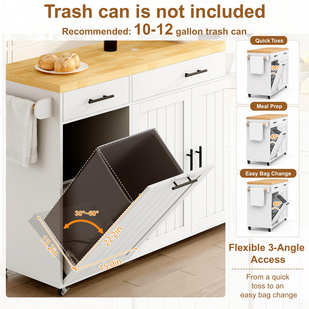 65" Kitchen Island with Drop Leaf, Rolling Island with Spice Rack & Towel Rack, Mobile Kitchen Island Cart with 2 Draws & Trash Storage Cabinet, Portable Island Table on Wheels for Kitchen