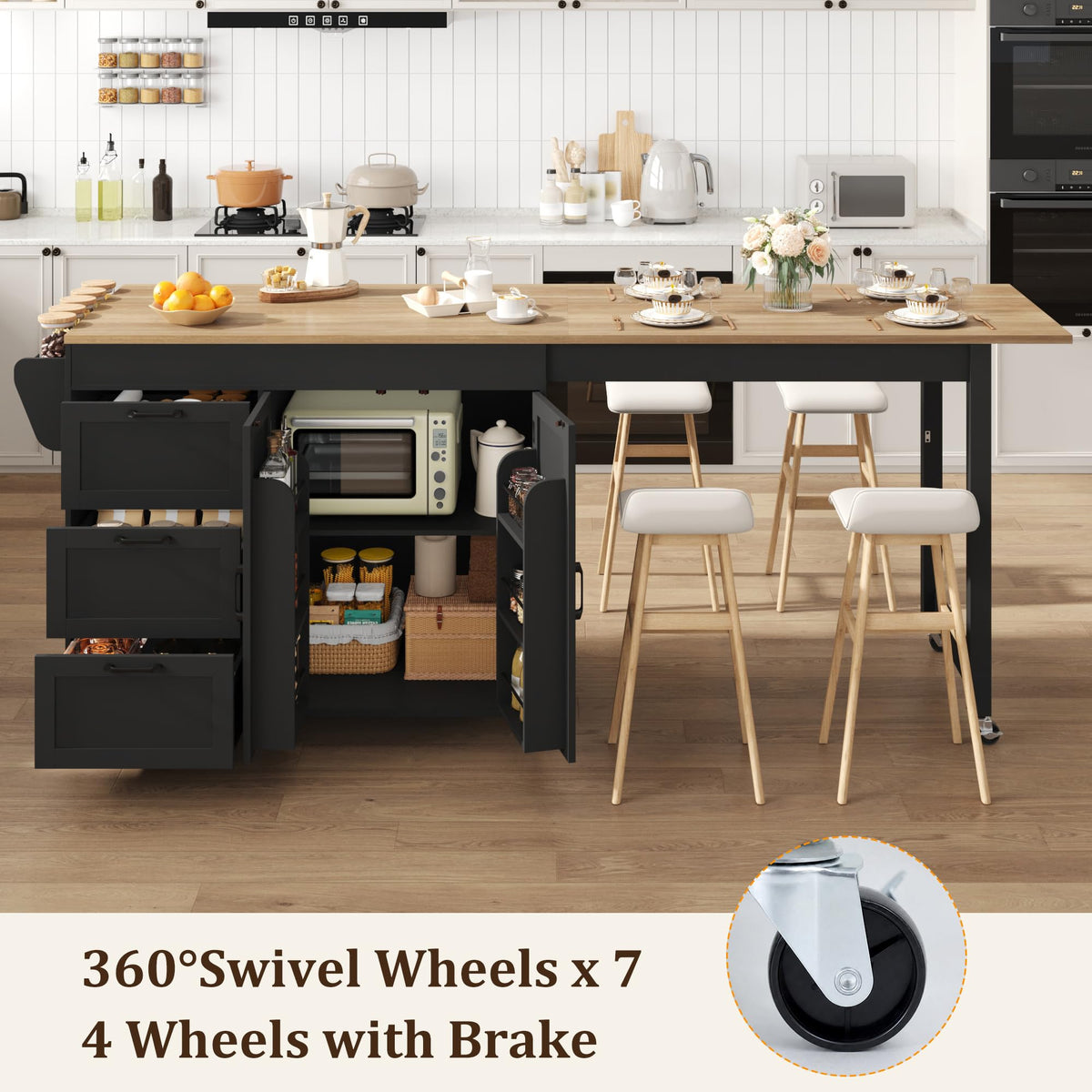 47”- 90” Flip-Top Kitchen Island with Extendable Dining Table, Mobile Rolling Storage Kitchen Cart with 3 Drawers & Spice Rack, Multi-Functional Bar Island Table Seats 2-4, Black