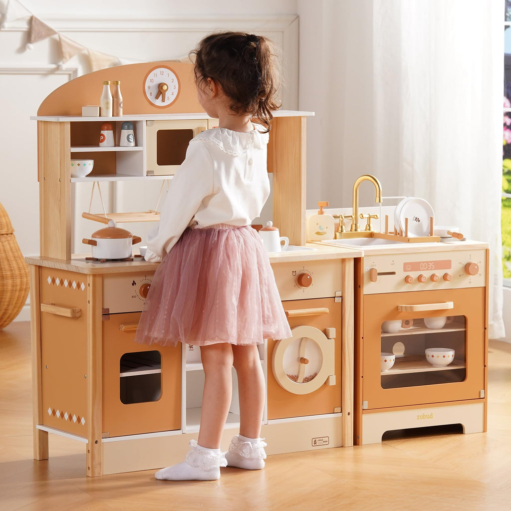ROBUD 4-in-1 Wooden Play Kitchen Set with Fridge Washer Dishwasher