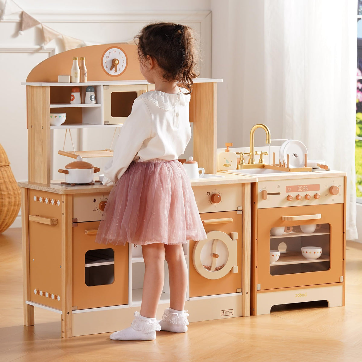 ROBUD 4-in-1 Wooden Play Kitchen Set with Fridge Washer Dishwasher