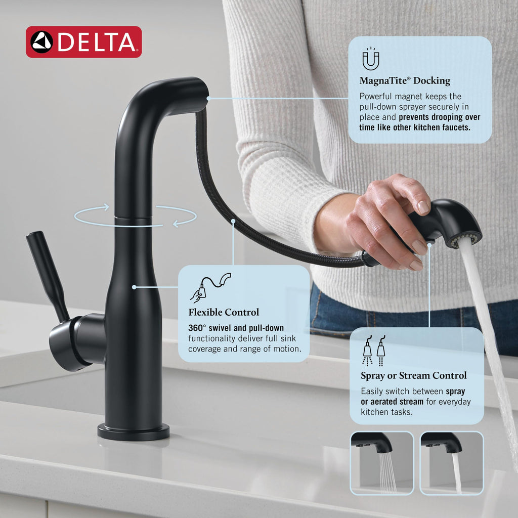 Delta Almari Matte Black Kitchen Faucet with Pull-Out Sprayer, Modern Single Hole Kitchen Sink Faucet, Single Handle, Matte Black 16943-BL-DST