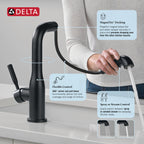 Delta Almari Matte Black Kitchen Faucet with Pull-Out Sprayer, Modern Single Hole Kitchen Sink Faucet, Single Handle, Matte Black 16943-BL-DST