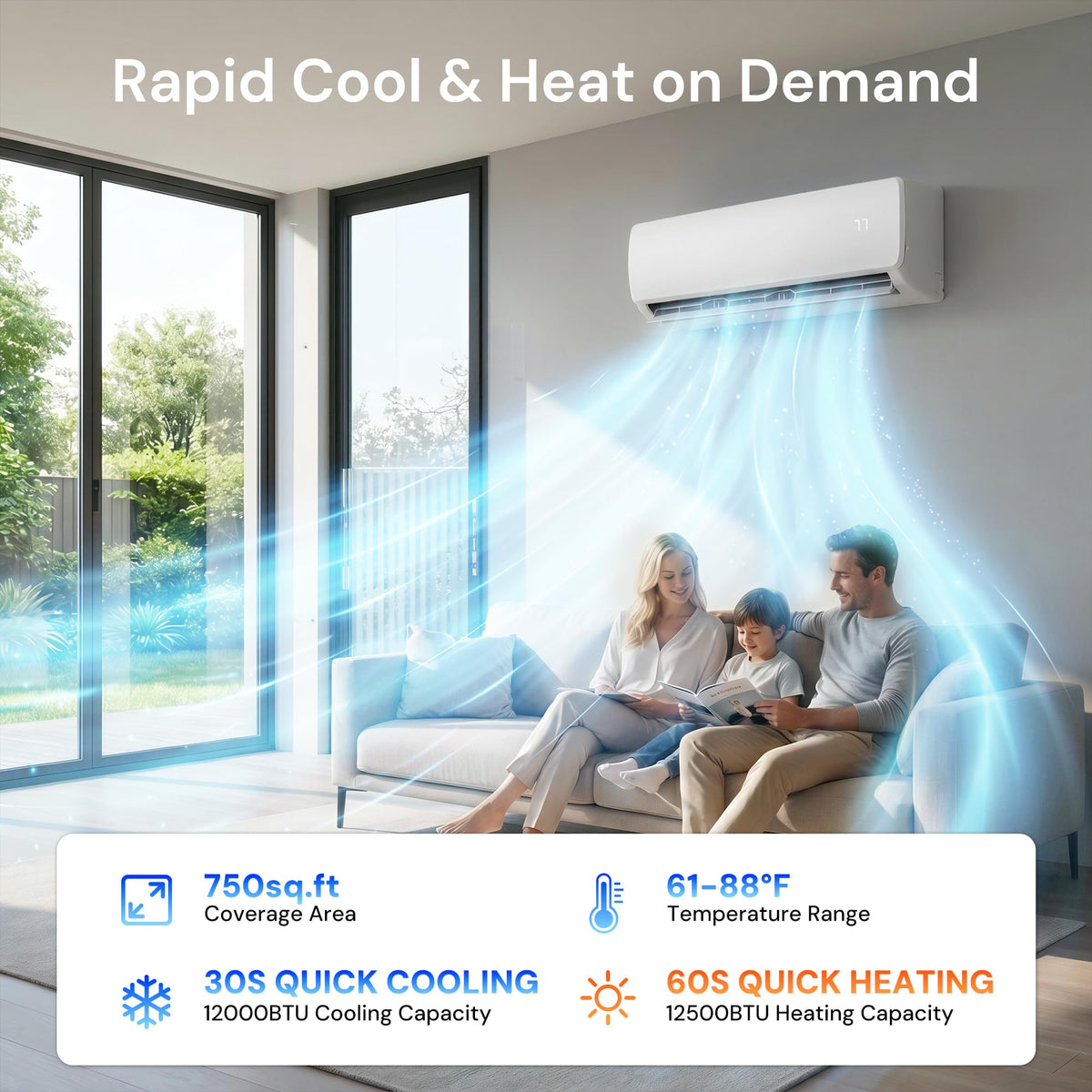 12000BTU Mini Split AC/Heating System, 19 SEER2 Energy Efficient Mini Split Air Conditioner with Heat Pump, 115V Cools Up to 750sq.ft, Ductless Inverter AC Unit with Pre-Charged Condenser