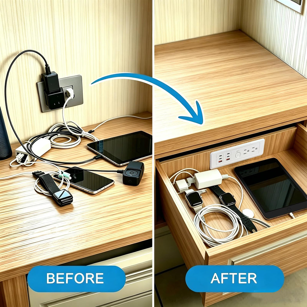 Drawer Outlet Kit, Retractable Arm, Integrated Safety Shutoff Fast Charging