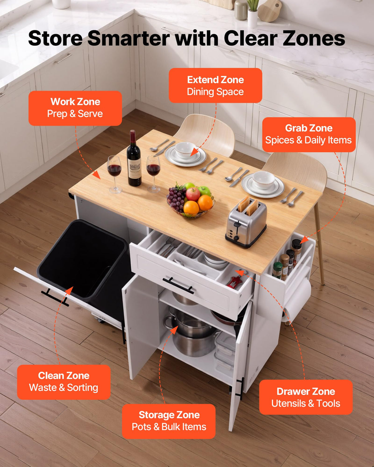 VEVOR 46" Kitchen Island Cart with Trash Storage, Drop Leaf, Drawer Cabinet