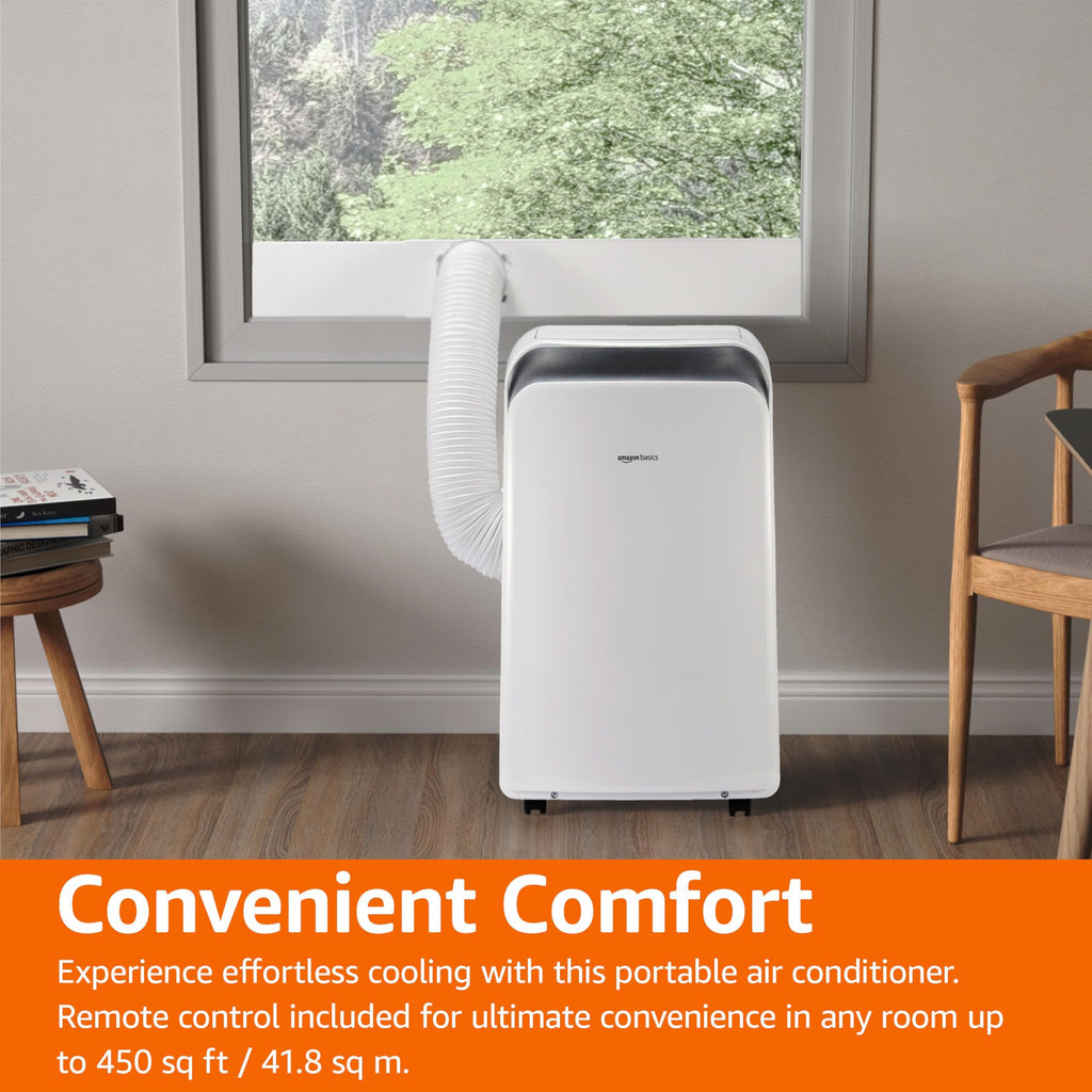 Amazon Basics 3-In-1 Portable Air Conditioner with Remote, Timer, Sleep Mode, Auto Swing, Dehumidifier, 10000 BTU (ASHRAE)/6000 BTU (SACC), Cools Bedroom Up to 450 Sqf, White