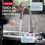 Delta Lenta Brushed Nickel Touch Kitchen Faucet with Pull Down Sprayer, Modern Single Hole Touch On Kitchen Sink Faucet, Single Handle, SpotShield Stainless 19802TZ-SP-DST