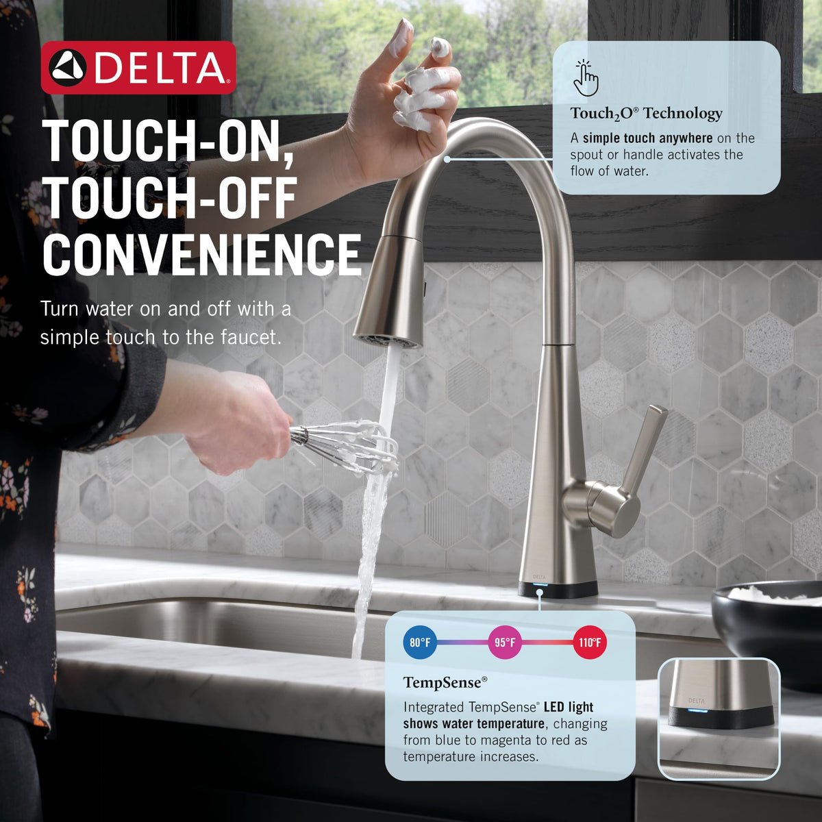 Delta Lenta Brushed Nickel Touch Kitchen Faucet with Pull Down Sprayer, Modern Single Hole Touch On Kitchen Sink Faucet, Single Handle, SpotShield Stainless 19802TZ-SP-DST