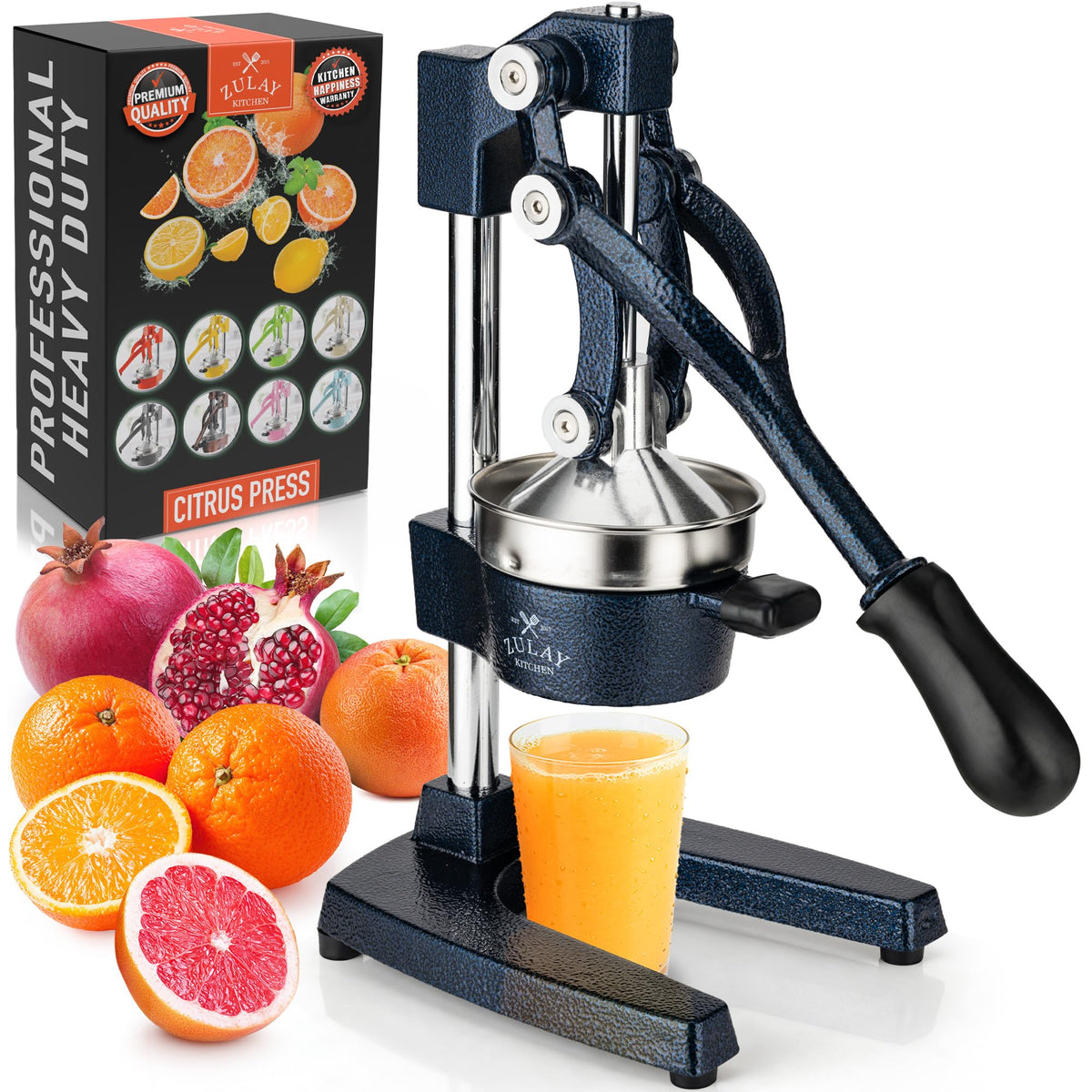 Zulay Kitchen Cast Iron Juicer, Orange Manual Juicer Press, 9-in-1, Blue
