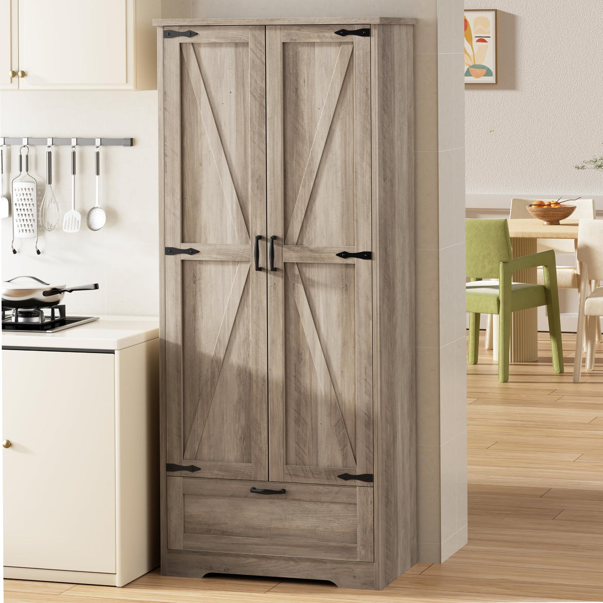 Shintenchi 65" Kitchen Pantry Cabinet, Farmhouse Storage, Pure White