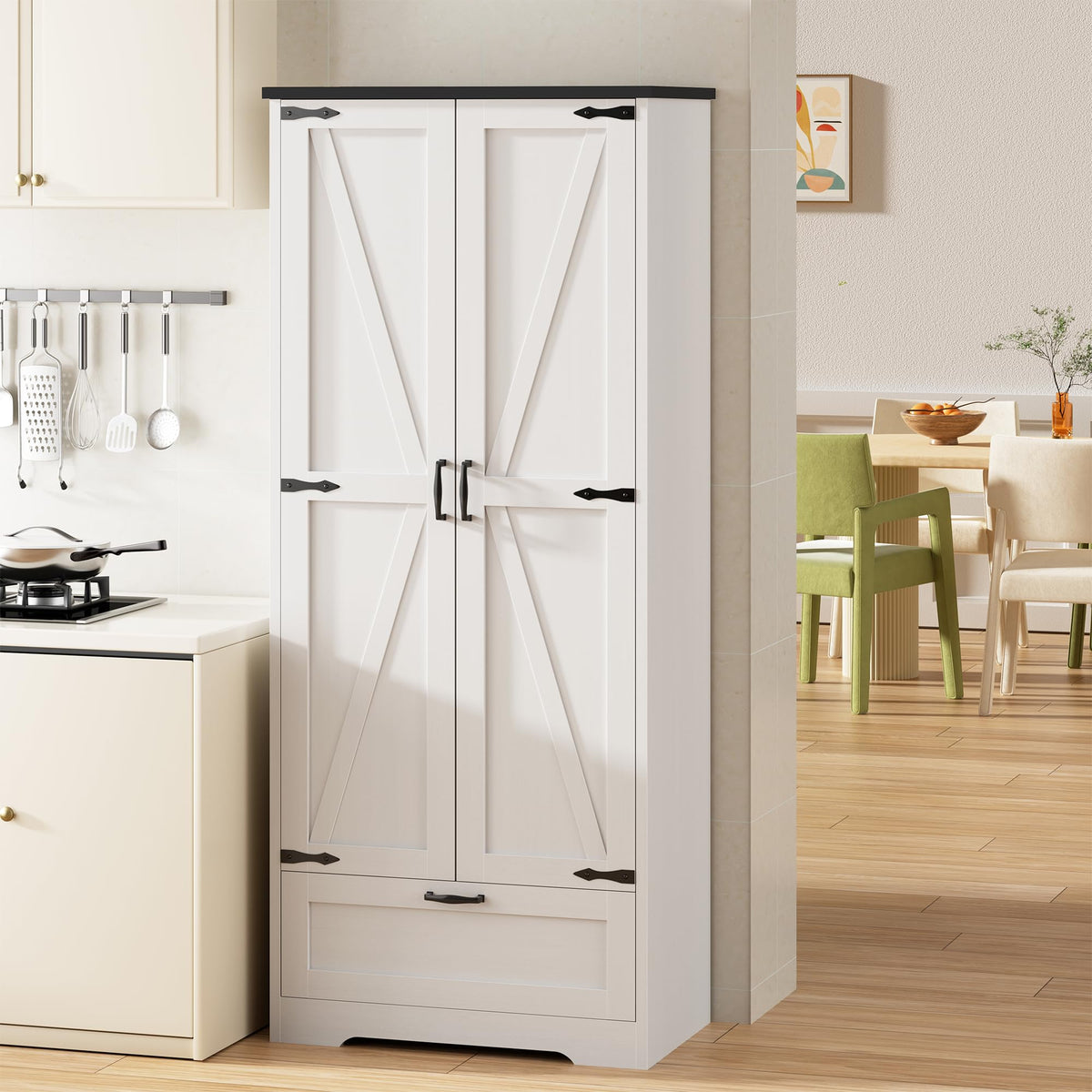 Shintenchi 65" Kitchen Pantry Cabinet, Farmhouse Storage, Pure White