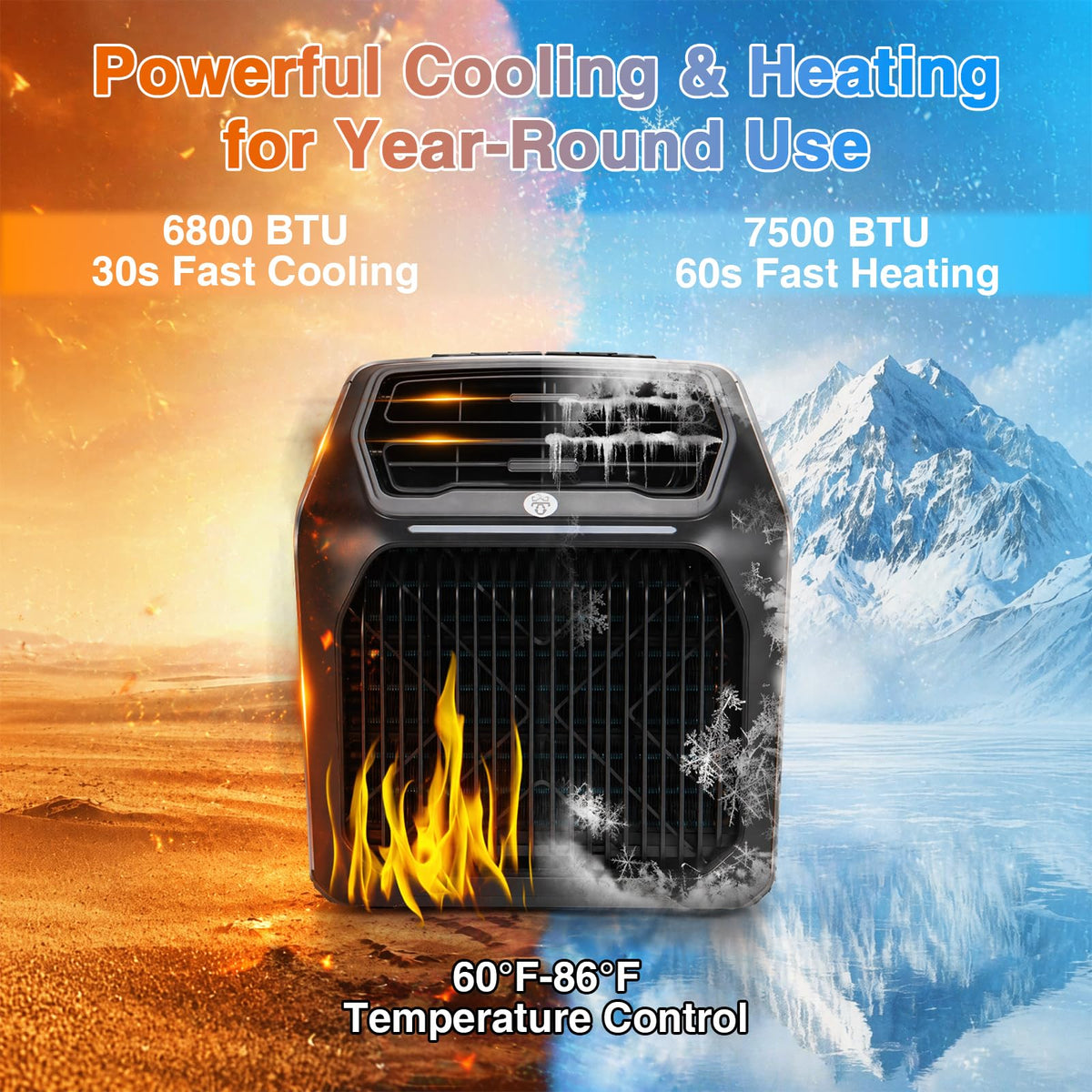 Portable Air Conditioner 6800 BTU Cooling & 7500 BTU Heating, 5-in-1 AC Unit with Cool/Heat/Dry/Fan/Sleep, Self-Evaporation, LED Display, Remote for Bedroom, Apartment, Office, RV, Camping Tent