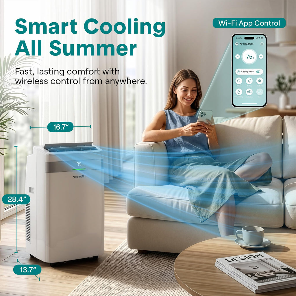 SereneLife Portable Air Conditioner and Heater, 14000 BTU Cooling & Heating with Wi-Fi Control, Dehumidifier & Fan Modes, Portable AC Unit with Window Mount Kit, Best for Rooms, White