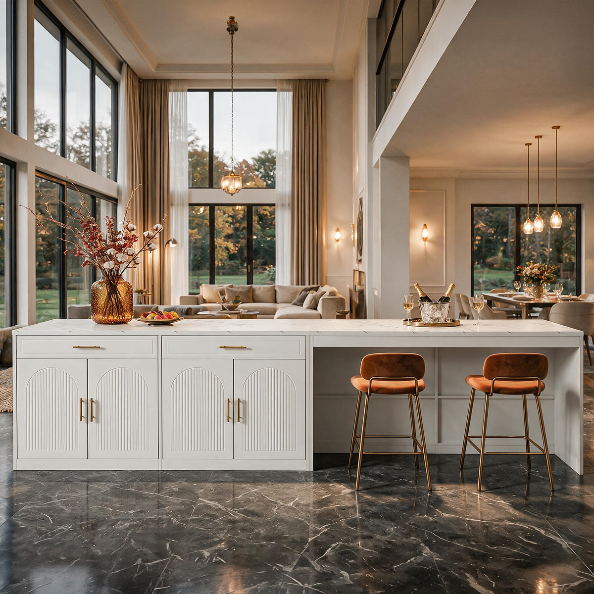 Tribesigns 71" Kitchen Island with Storage & Seating, White Faux Marble Top