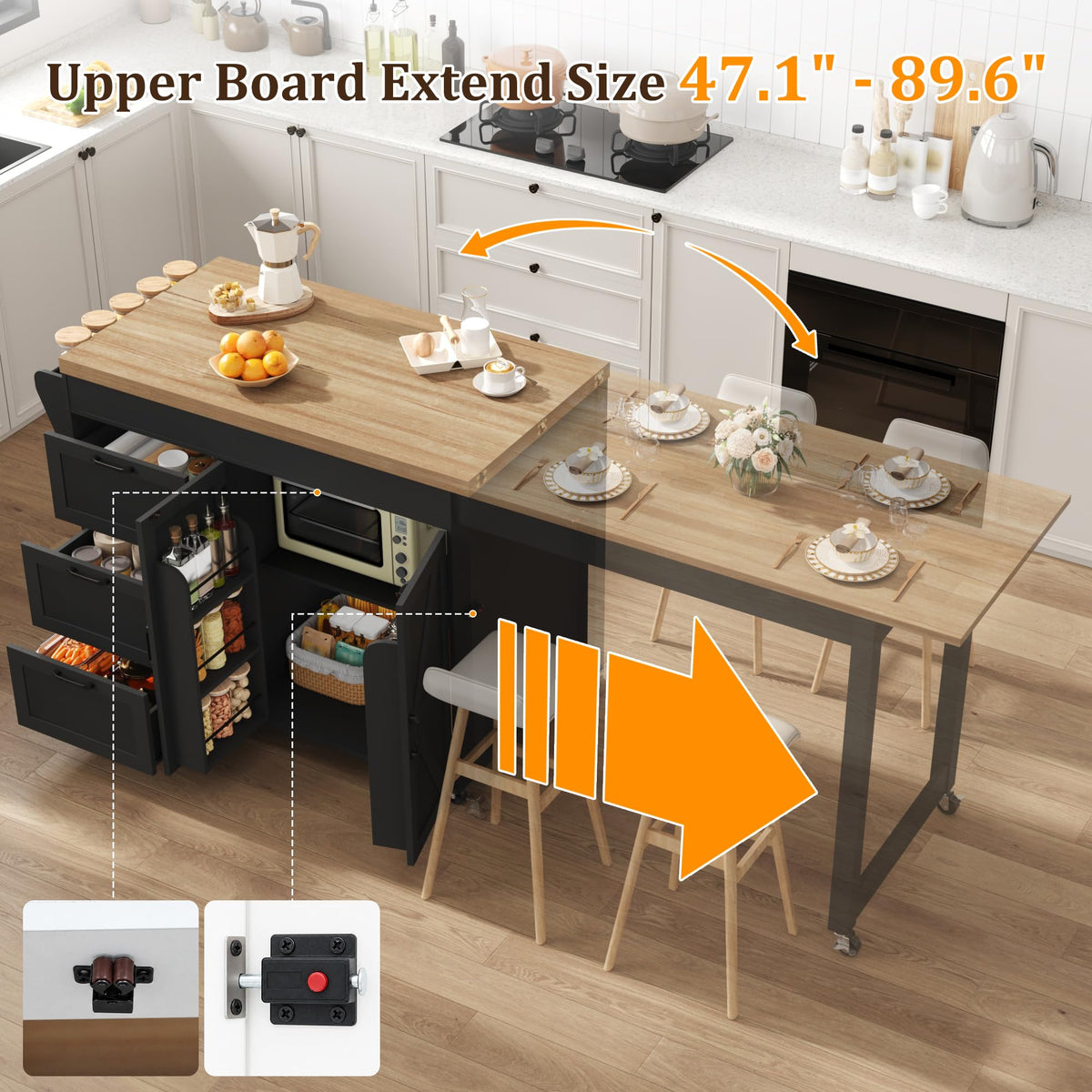47”- 90” Flip-Top Kitchen Island with Extendable Dining Table, Mobile Rolling Storage Kitchen Cart with 3 Drawers & Spice Rack, Multi-Functional Bar Island Table Seats 2-4, Black