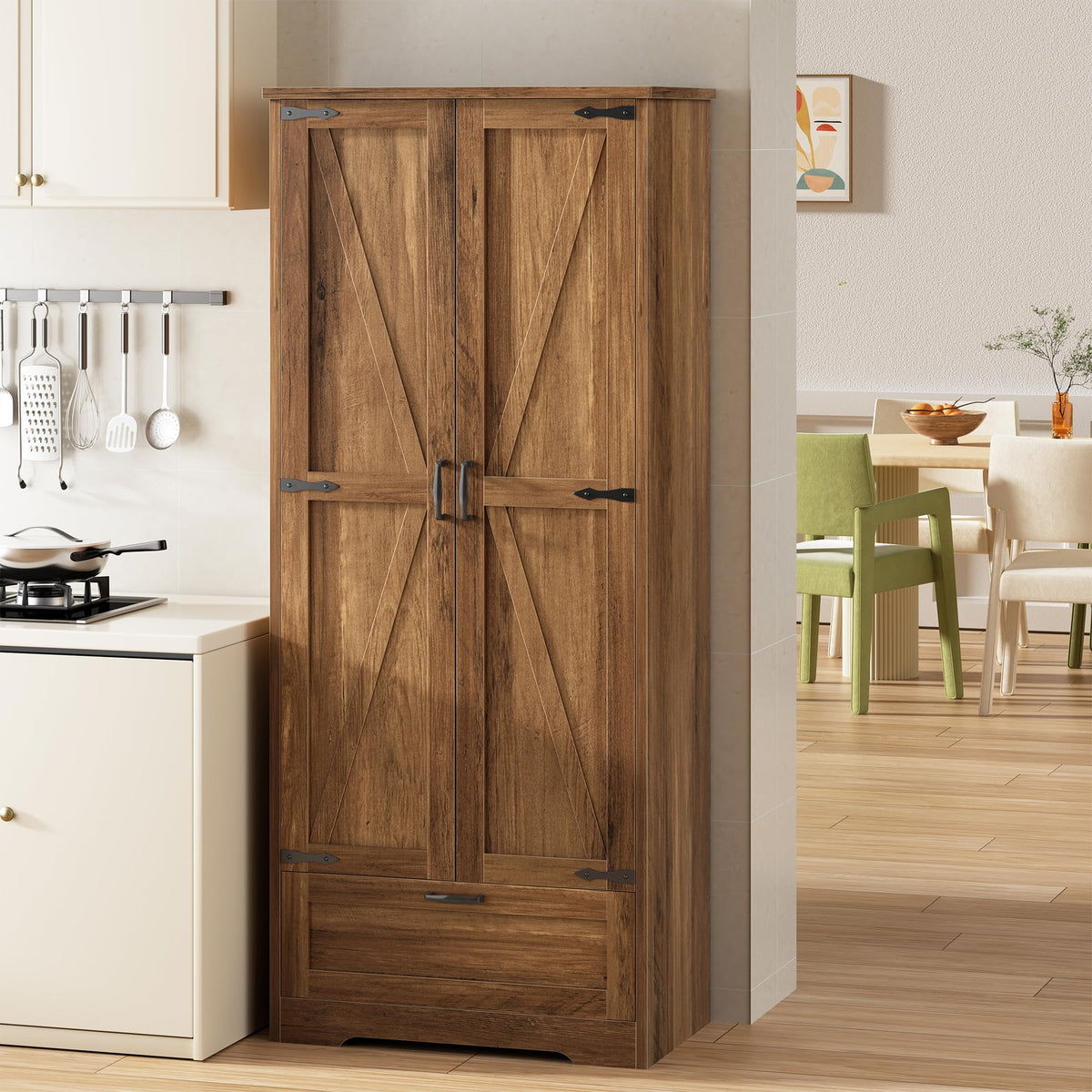 Shintenchi 65" Kitchen Pantry Cabinet, Farmhouse Storage, Pure White
