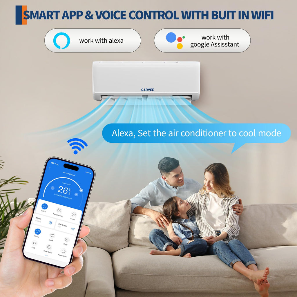 Garvee 12000 BTU 21 SEER2 Mini Split AC & Heat Pump, Air Coditioner with Energy-Star and Buit in WiFi, APP Control Compatible with Alexa, 208-230V, Cools Heat Room Up to 750 Sq.ft