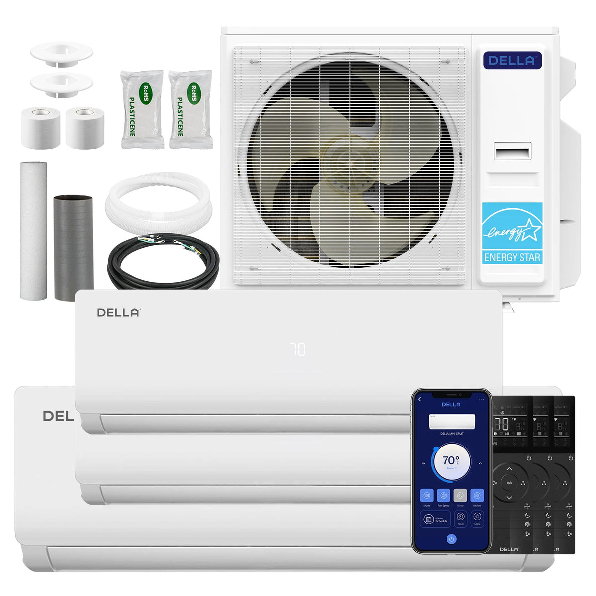 DELLA 35K BTU 3 Zone Mini Split AC (9K+2x18K), 19 SEER2, 16ft Kits