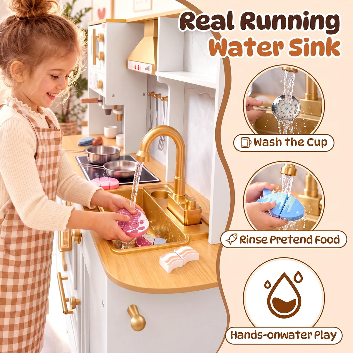 Wooden Play Kitchen for Kids with Real Running Water Sink, Light & Sounds, Ice Maker, Cuttable Play Food, Microwave, Oven & Coffee Maker, Pretend Kitchen Toy Set for Girls Boys Ages 3+, White
