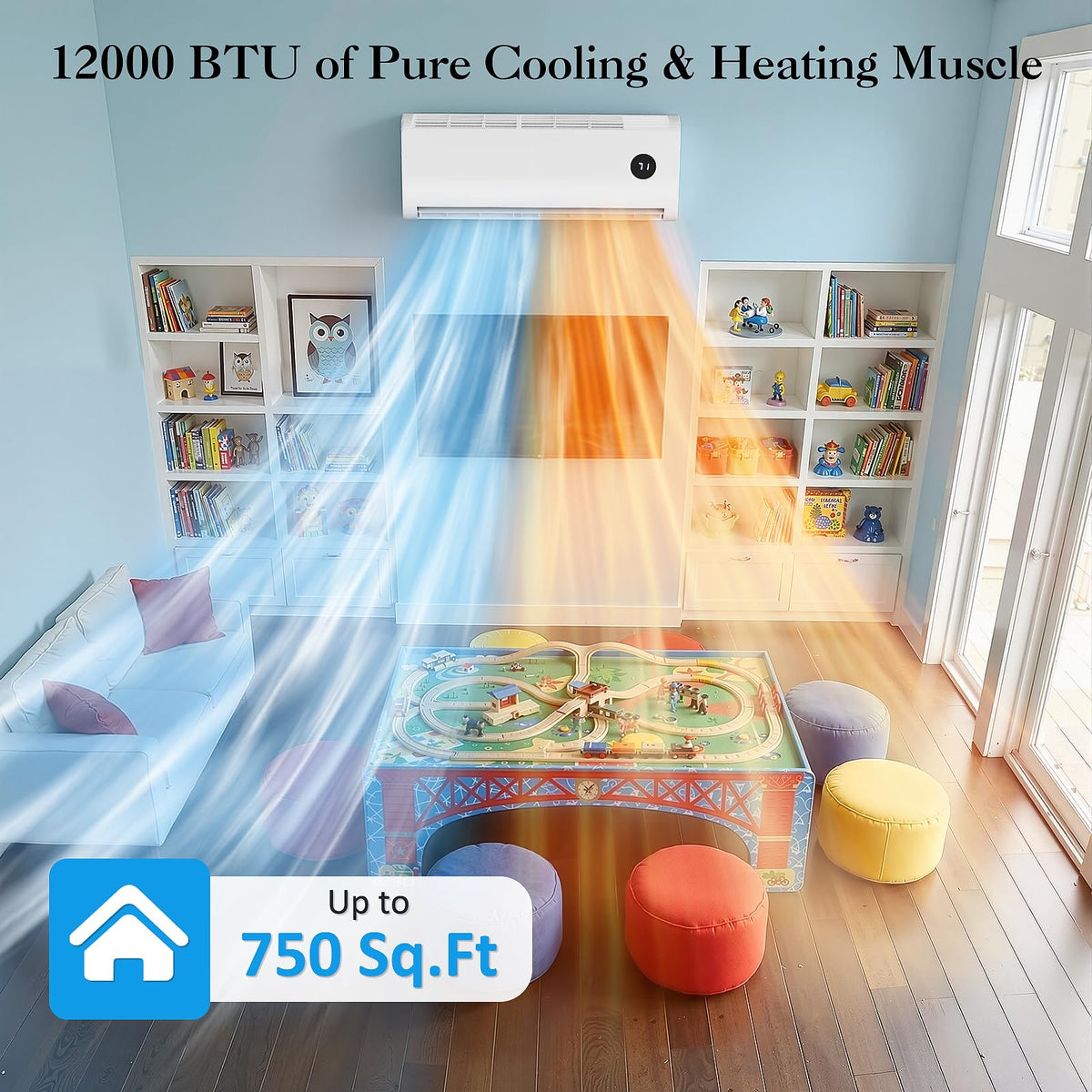 Mini Split AC with Heat Pump, Ductless Mini Split Air Conditioner Heat System with Quiet Operation, All-In-One Kit, 24H Timer, 115V, 19 SEER2 Energy Efficient for 750 Sq.Ft