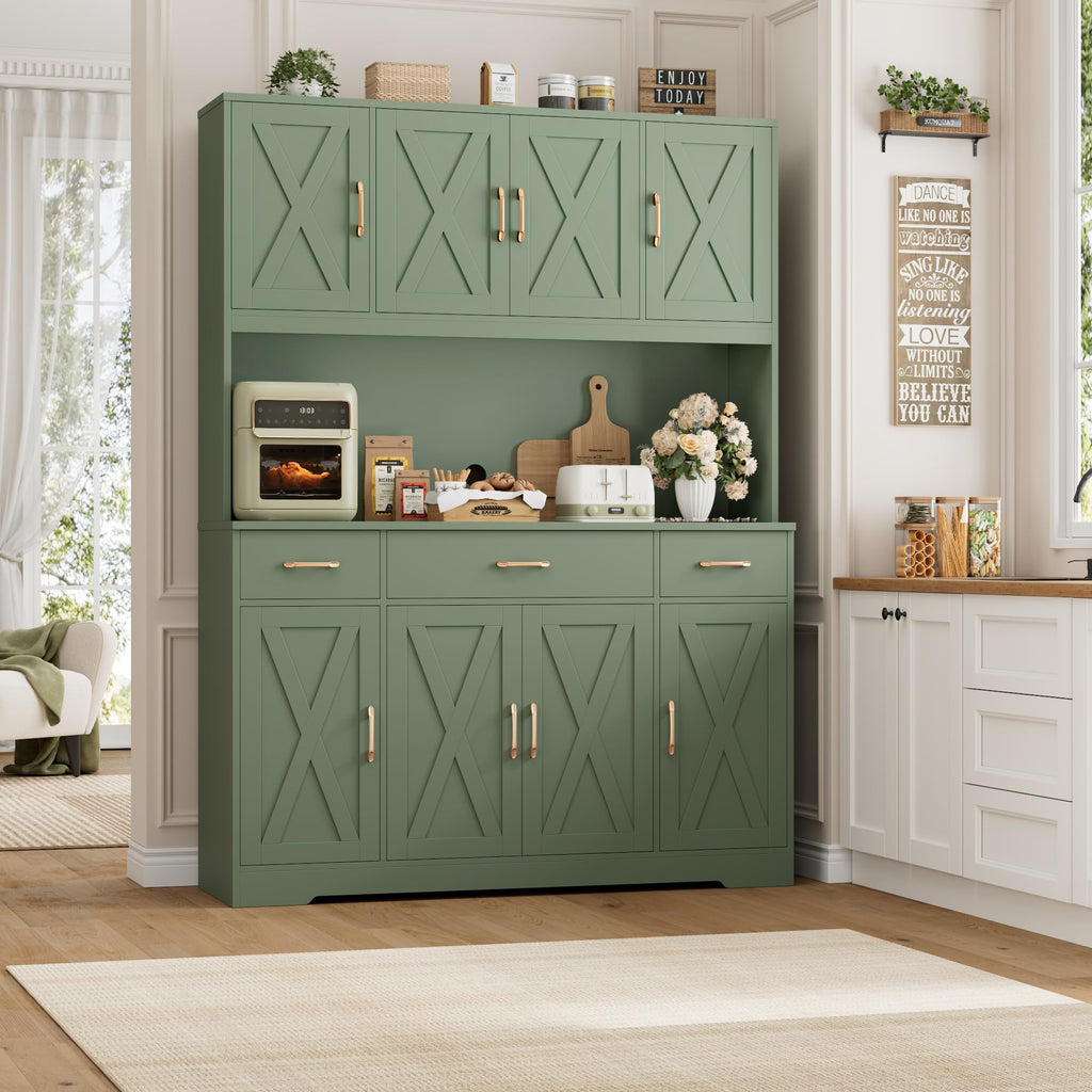 HOSTACK 71" Tall Kitchen Pantry Storage Cabinet, 55" W Kitchen Hutch, Green