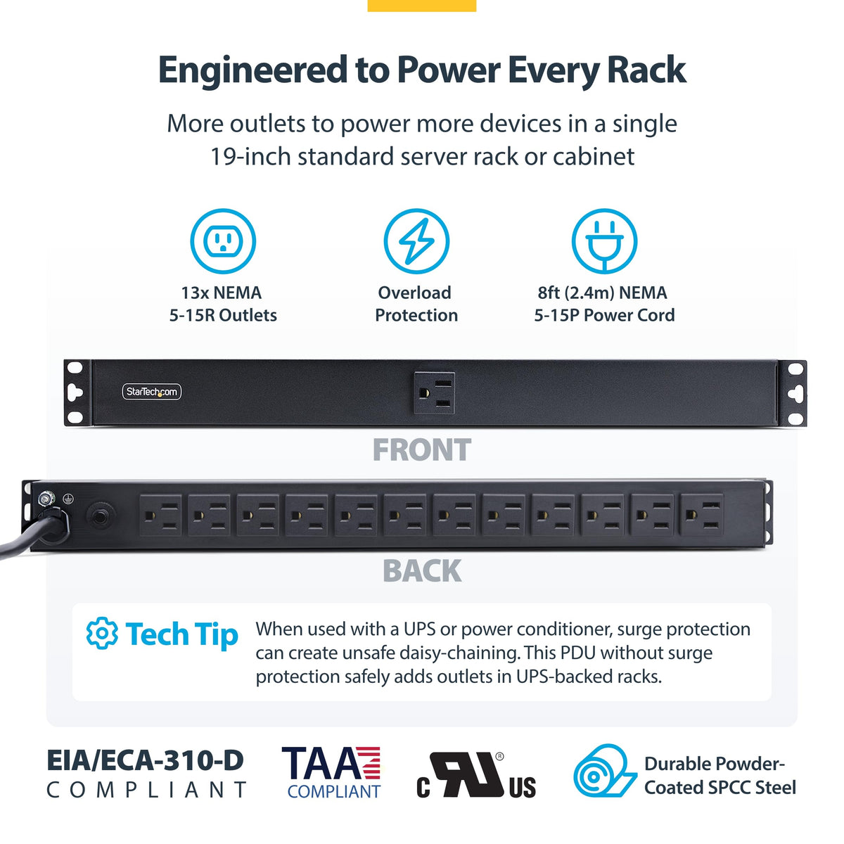 StarTech 13-Outlet 1U PDU, 1 Front 12 Rear, 120V, TAA (1315B8H-RACK-PDU)