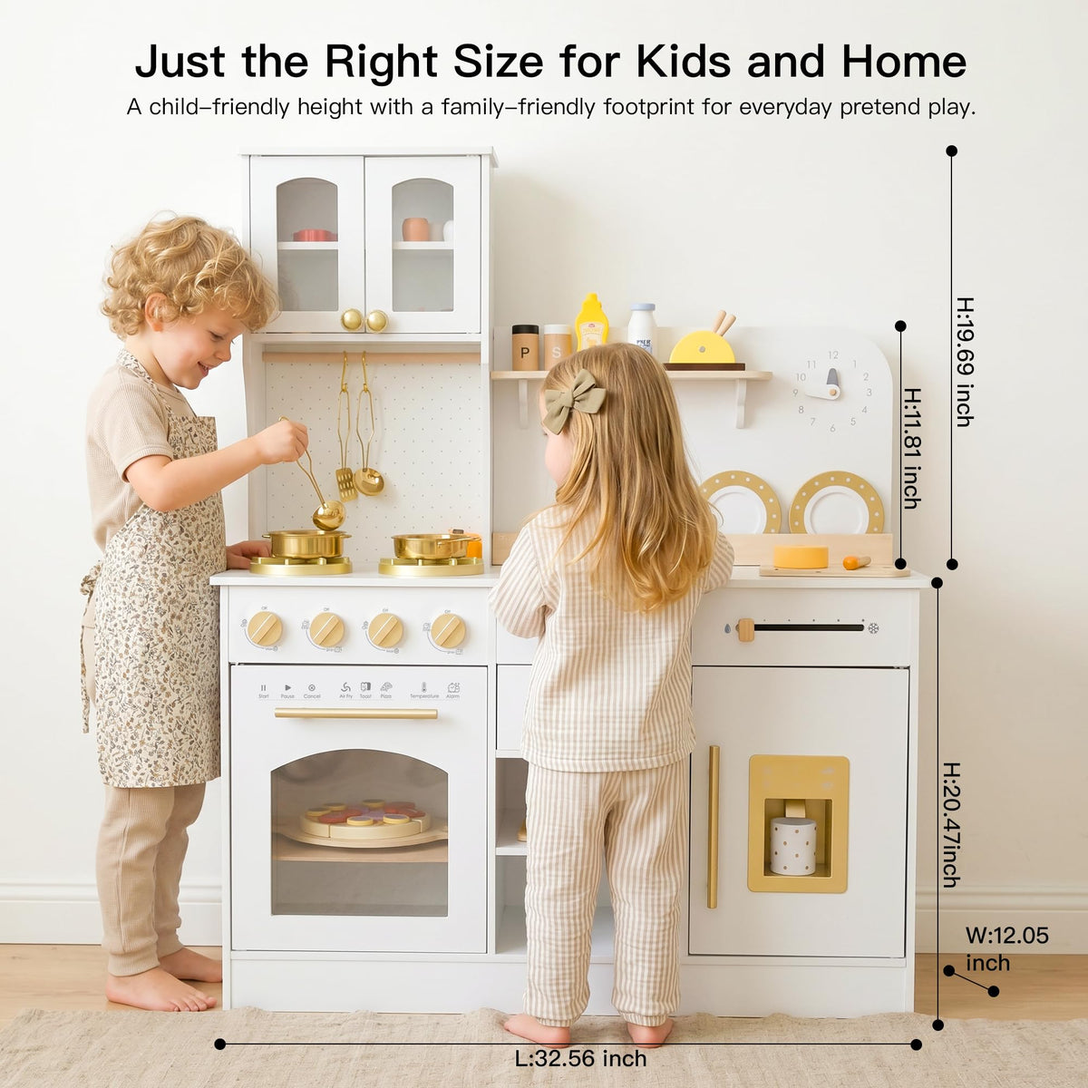 White and Gold Wooden Play Kitchen with Plate Rack, Clock and Large Storage