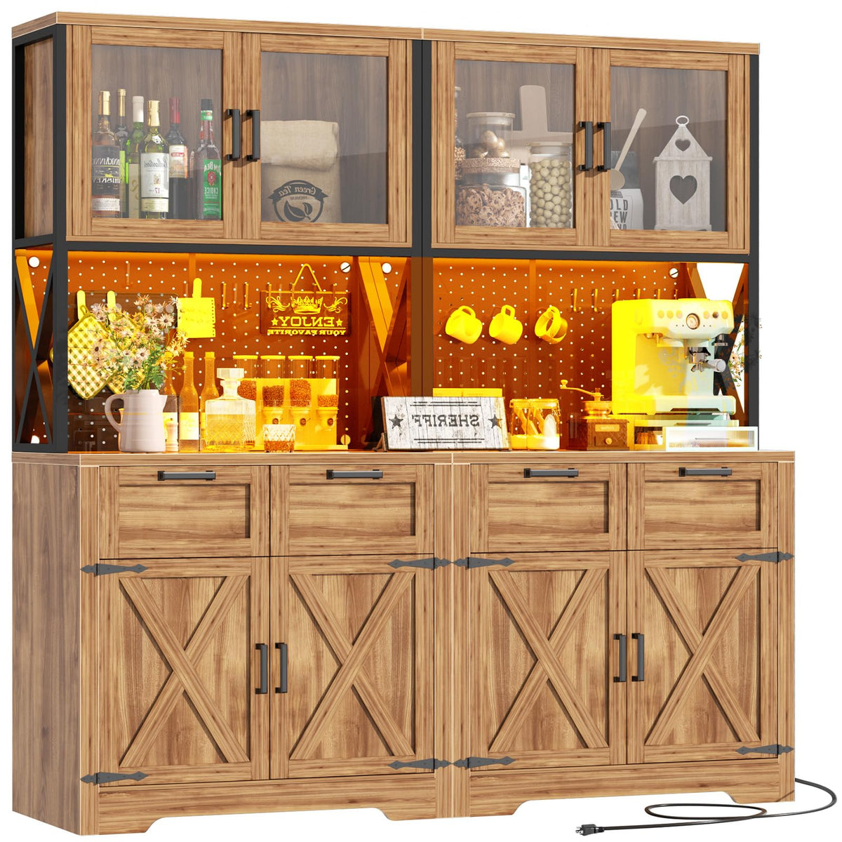 Unikito 71" Kitchen Pantry Cabinet with LED Light & Outlet, Microwave Stand