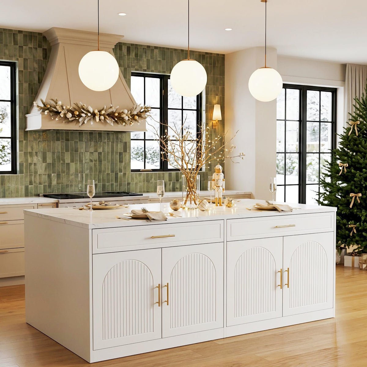 Tribesigns 71" Kitchen Island with Storage & Seating, White Faux Marble Top