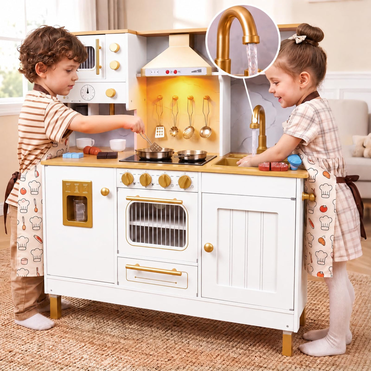 Wooden Play Kitchen for Kids with Real Running Water Sink, Light & Sounds, Ice Maker, Cuttable Play Food, Microwave, Oven & Coffee Maker, Pretend Kitchen Toy Set for Girls Boys Ages 3+, White