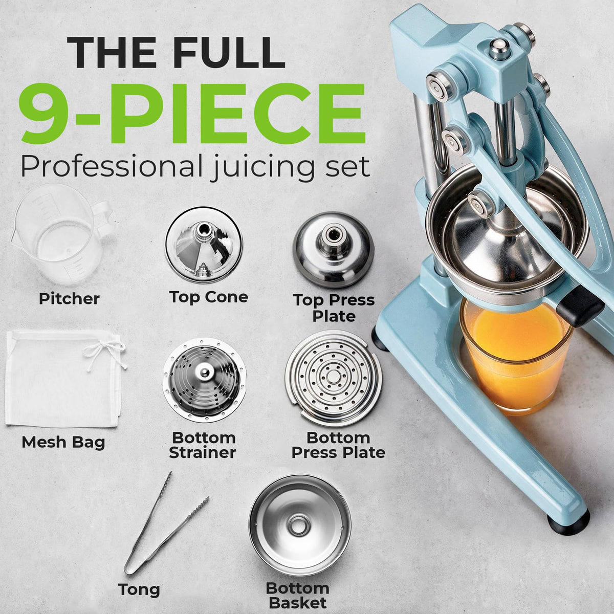 Zulay Kitchen Cast Iron Juicer, Orange Manual Juicer Press, 9-in-1, Blue