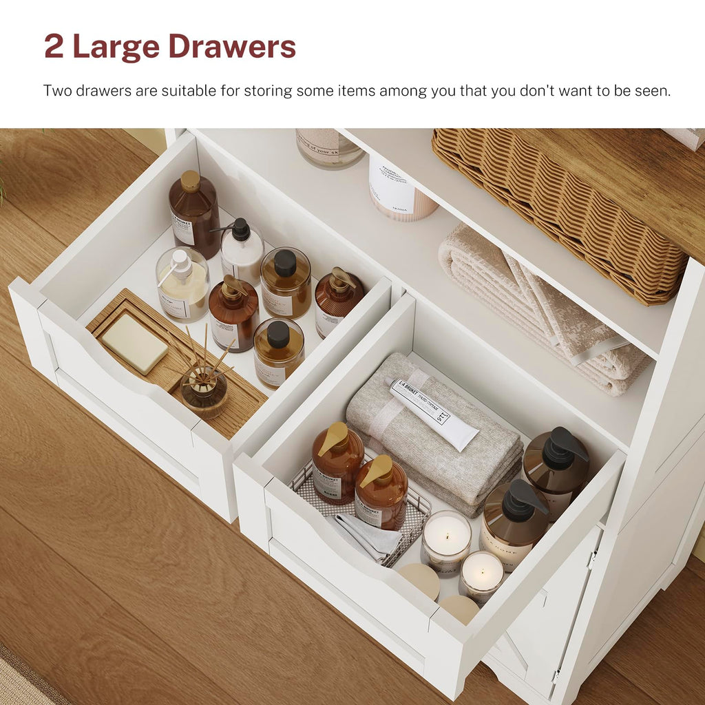 Storage Cabinet with Doors & 2 Drawers, Kitchen Cabinet with Adjustable Shelf, Pantry Cabinets, Bathroom Cabinets, for Living Room, Entryway, Home Office, White