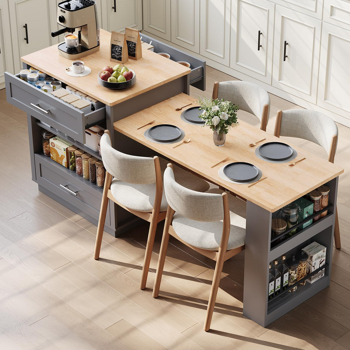 48"-76" Kitchen Islands with Extendable Dining Table, 2-4 People, White