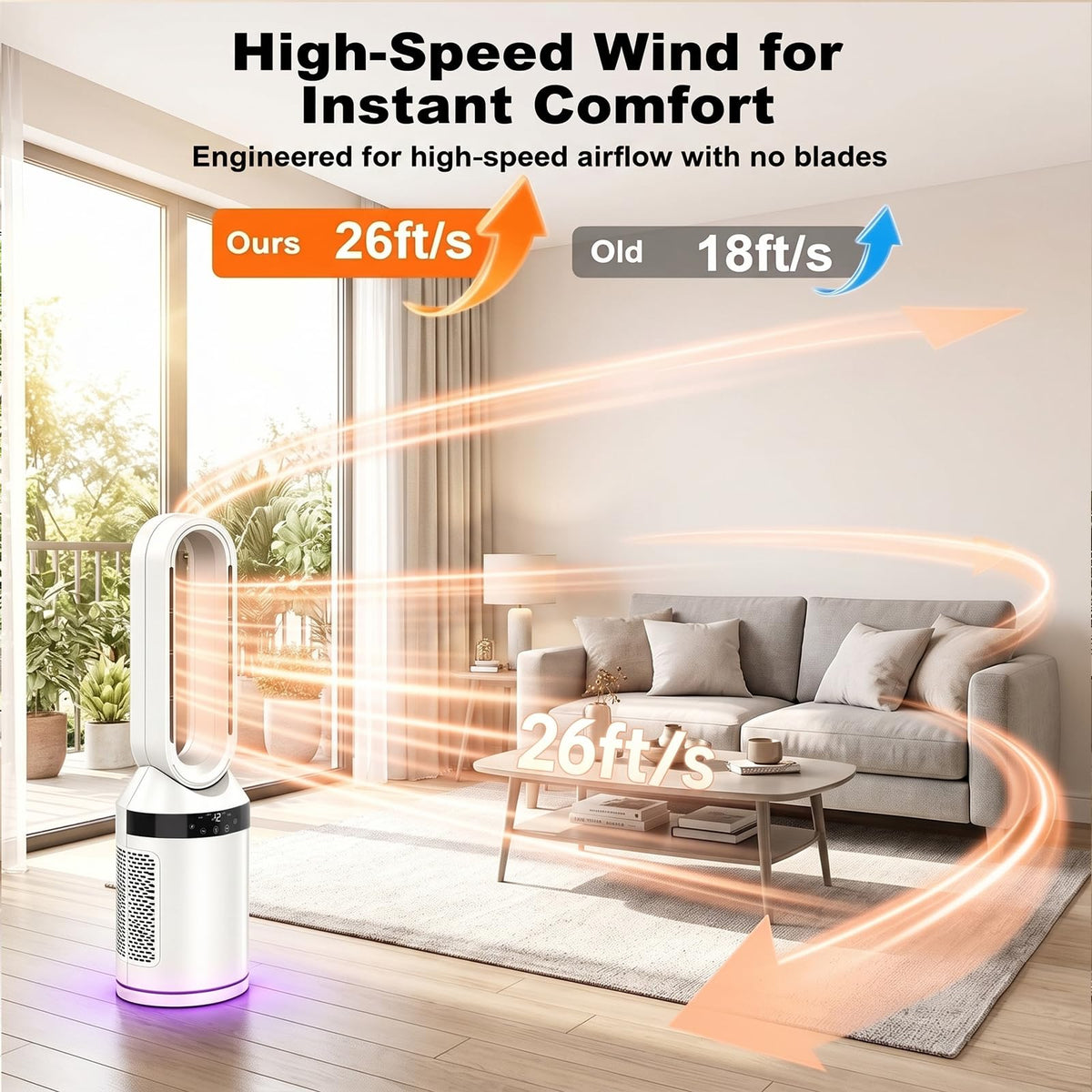 32” Bladeless Tower Fan and Heater Combo, All Season Standing Fan