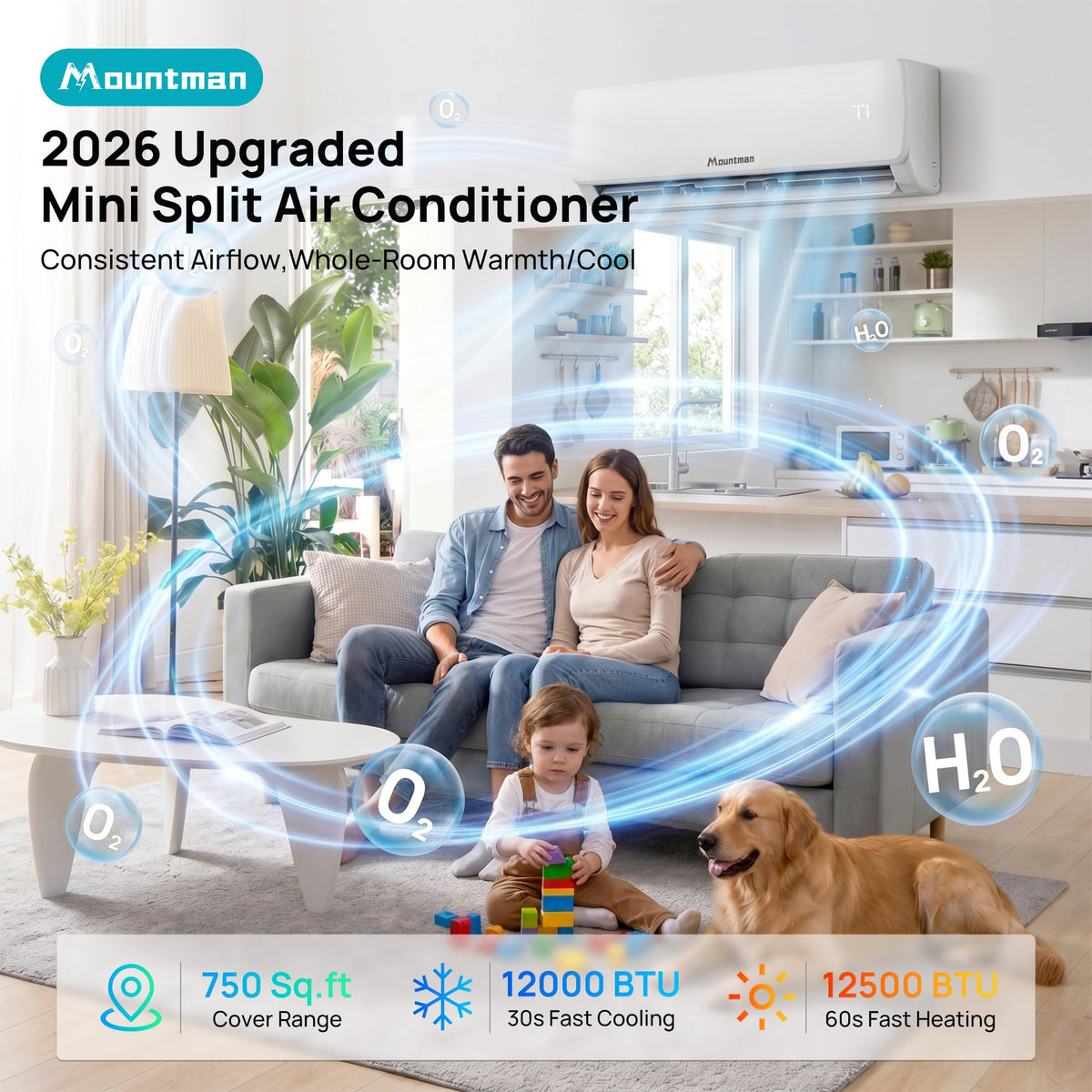 Mountman 12000BTU Mini Split AC/Heating System with WIFI & Alexa,115V 19 SEER2 Wall-Mounted Ductless AC Units up to 750 Sq.Ft,Energy Efficient Inverter Air Conditioner with Heat Pump,Installation Kit