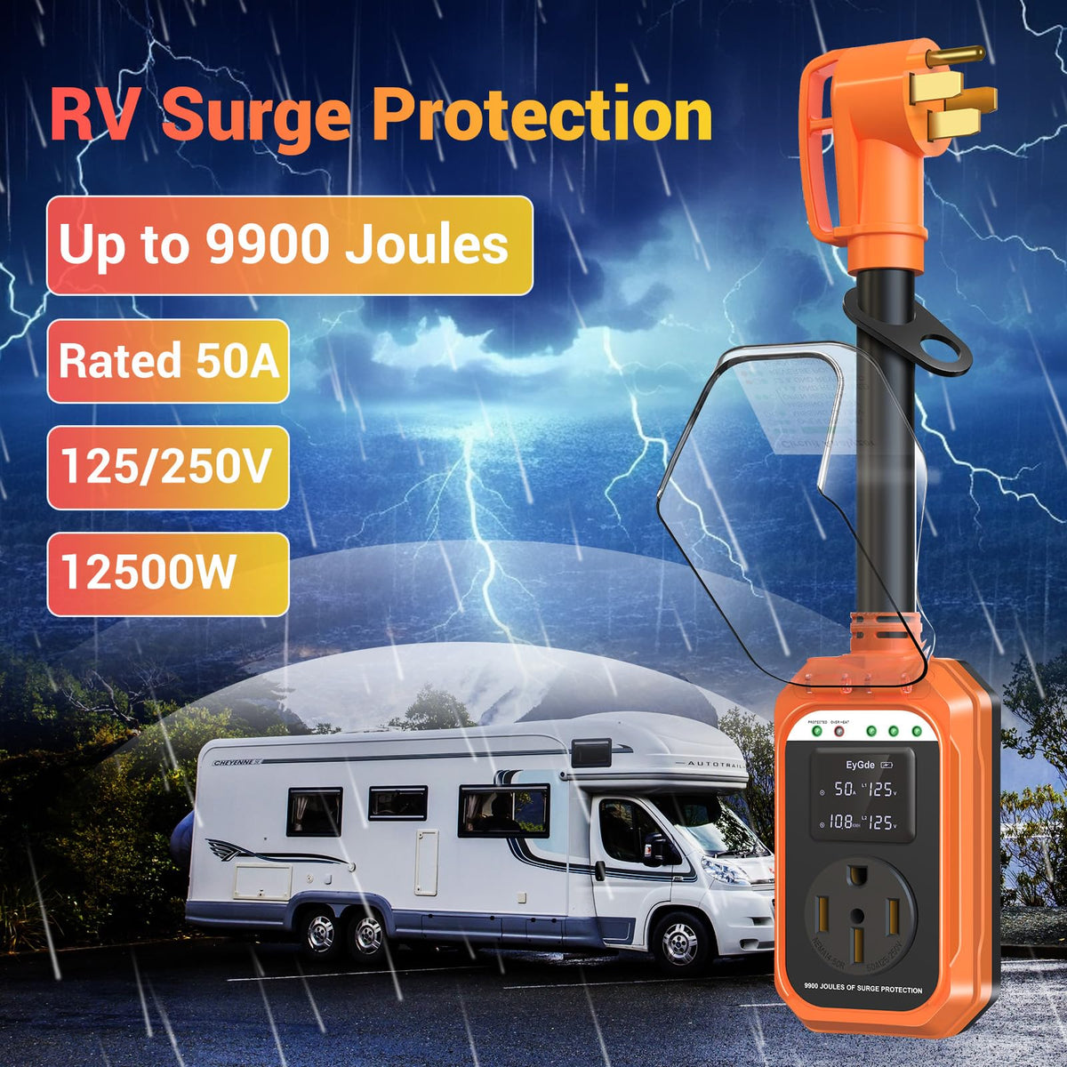 EyGde RV Surge Protector 50 Amp Waterproof - Smart 50 Amp Surge Protectors for RV with Real Time KWH, Voltage Monitor Surge Protector for Camper Travel Trailer(Orange, 50A)