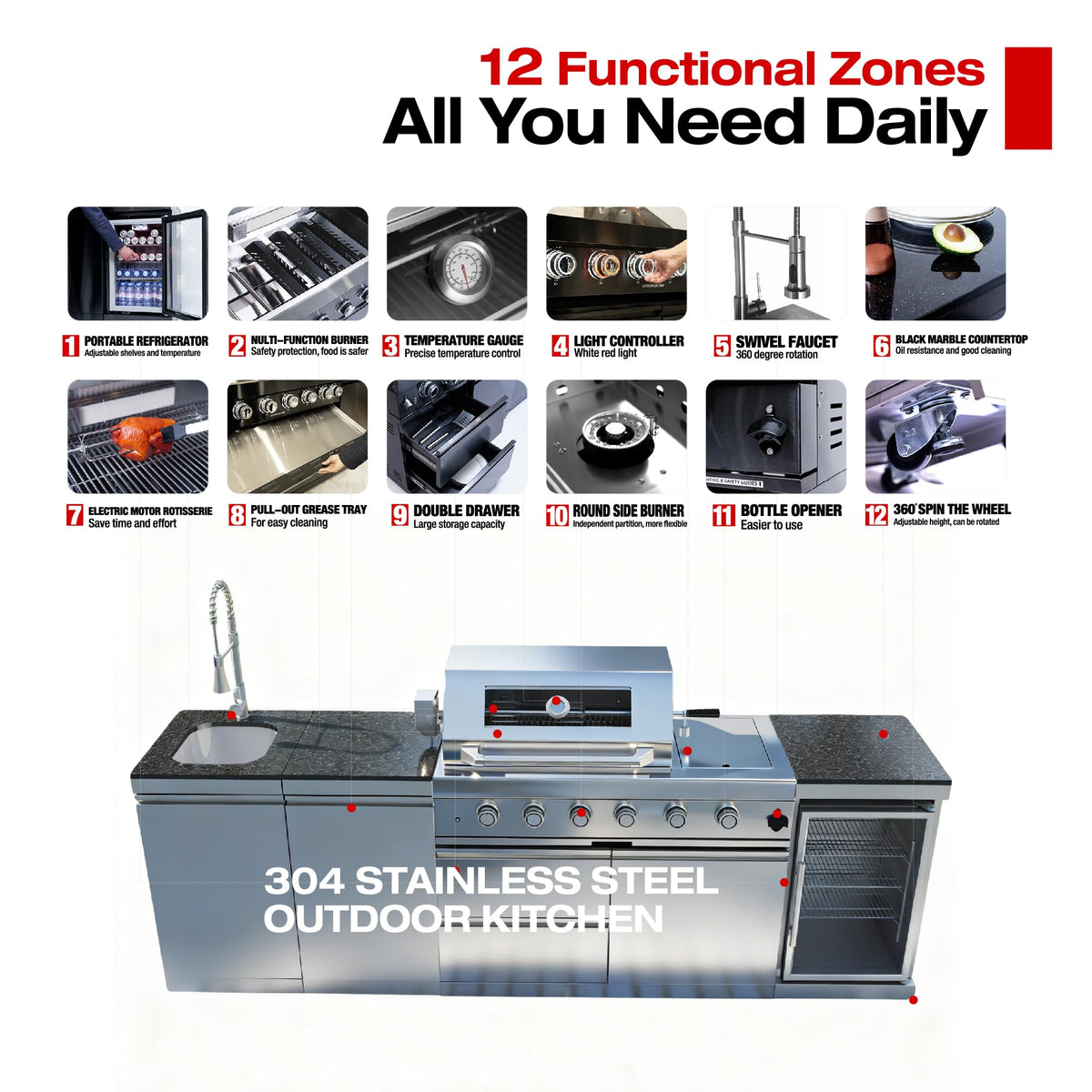 104-Inch 4 Burner 72000 BTU Stainless Steel Outdoor Kitchen Bar, Silver