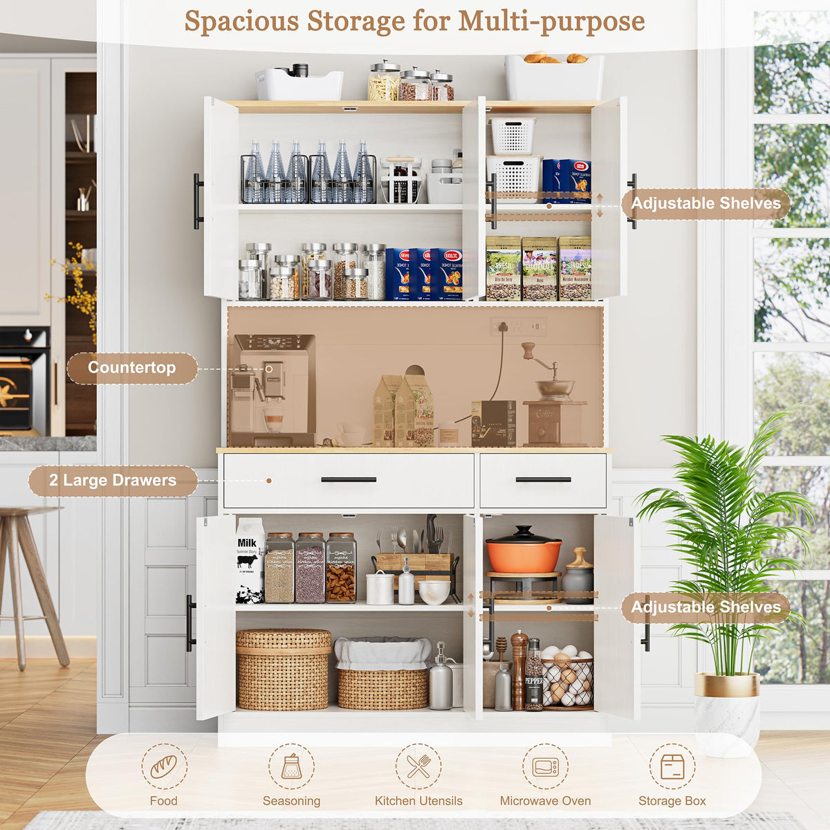70”Tall Pantry Cabinet w/Charging Station, Kitchen Storage Cabinet