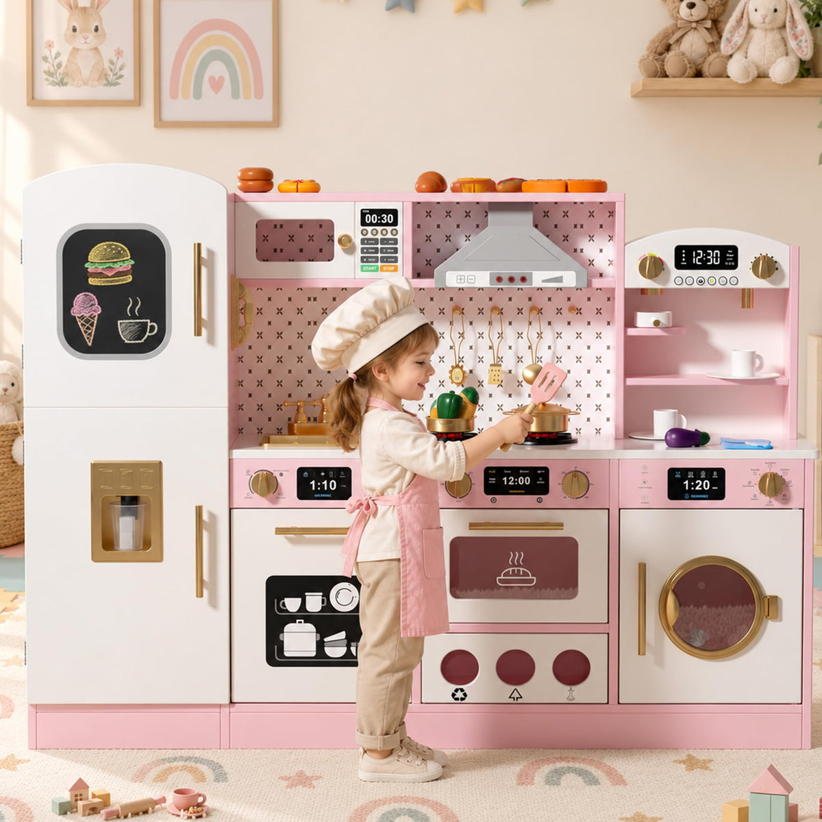 Wooden Play Kitchen for Kids, Pretend Kitchen Play Toy Kitchen Set(Ages 3+), Pink