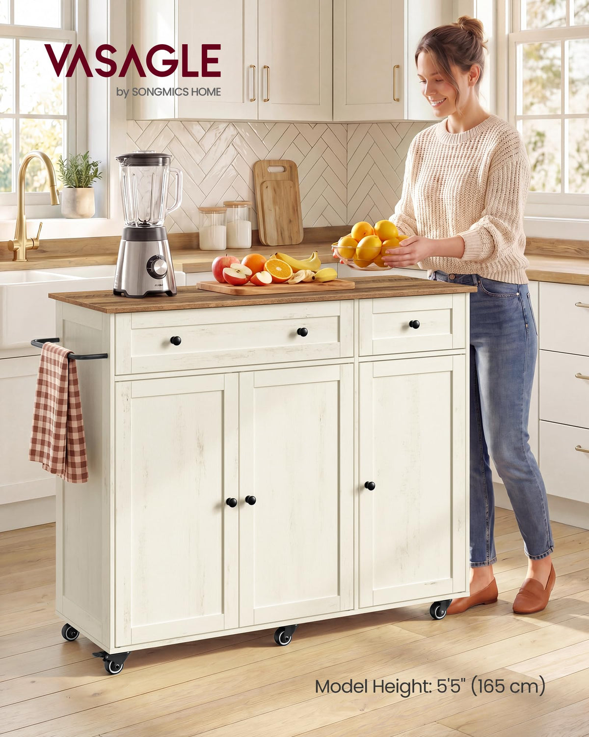VASAGLE Mobile Kitchen Wooden Island Cart with Storage for Dining Room