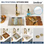 Lordear 18 Inch White Kitchen Sink Granite Composite Undermount Bar Workstation 18x18 White Quartz Sinks Under Counter Single Bowl with Classic Gold Accessories