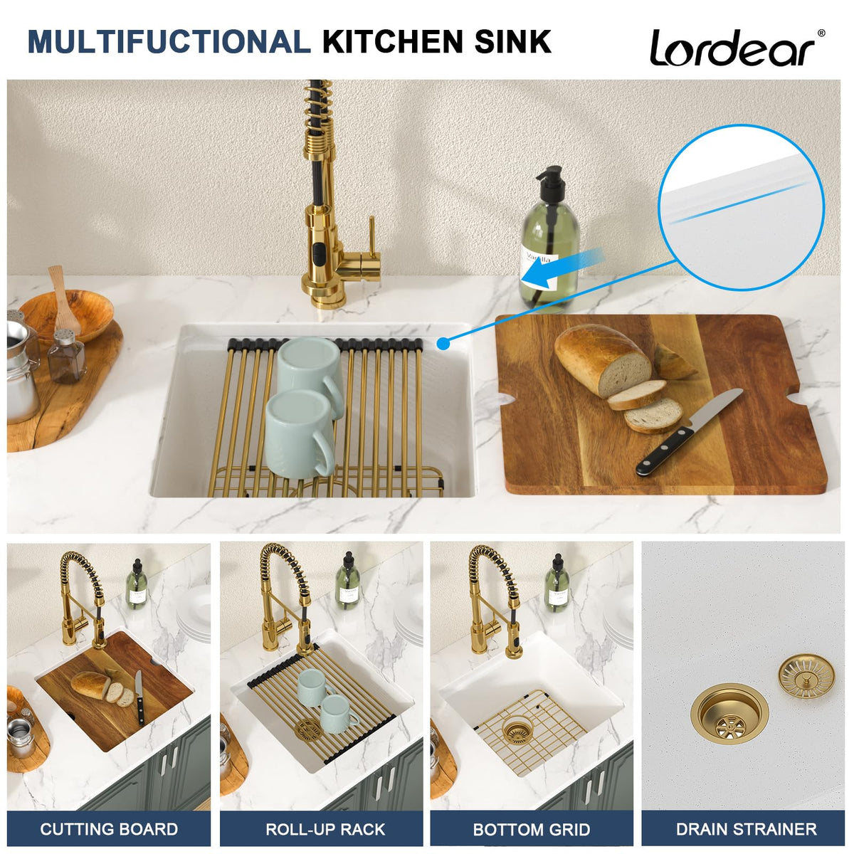Lordear 18 Inch White Kitchen Sink Granite Composite Undermount Bar Workstation 18x18 White Quartz Sinks Under Counter Single Bowl with Classic Gold Accessories