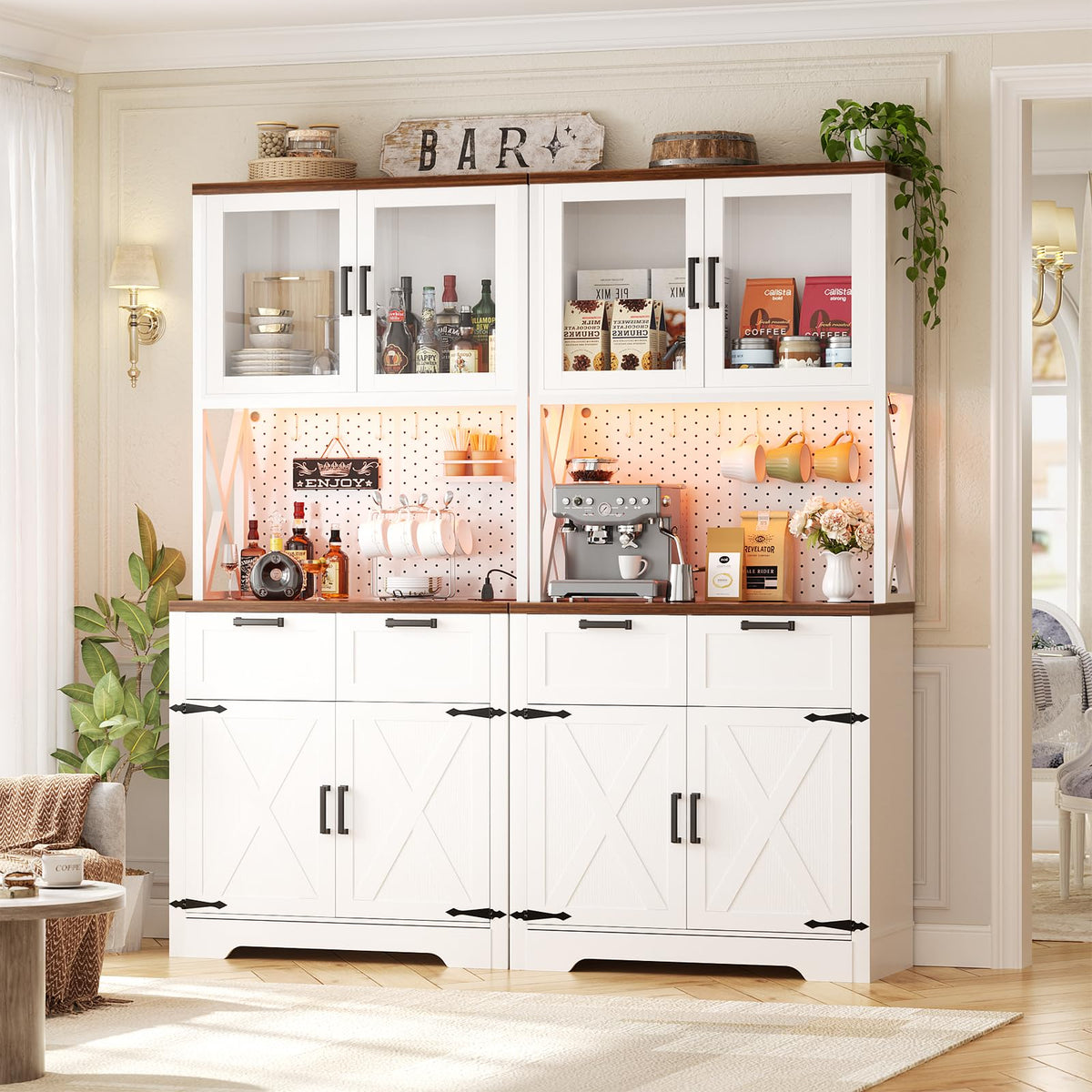 Unikito 71" Kitchen Pantry Cabinet with LED Light & Outlet, Microwave Stand