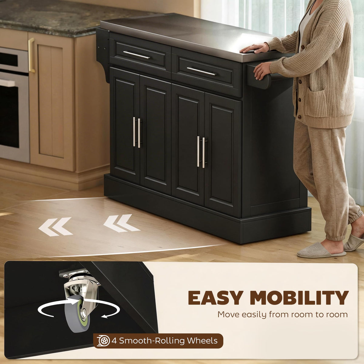 HOMCOM Rolling Kitchen Island Cart with 47" Stainless Steel Top Black