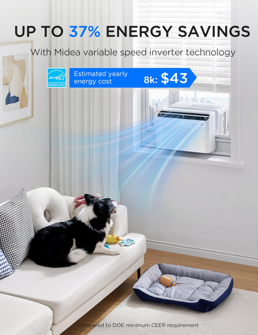Midea 8,000 BTU U-Shaped Smart Inverter Window AC, Cools 350 Sq Ft, Ultra Quiet, Alexa/Google Compatible, 37% Energy Savings